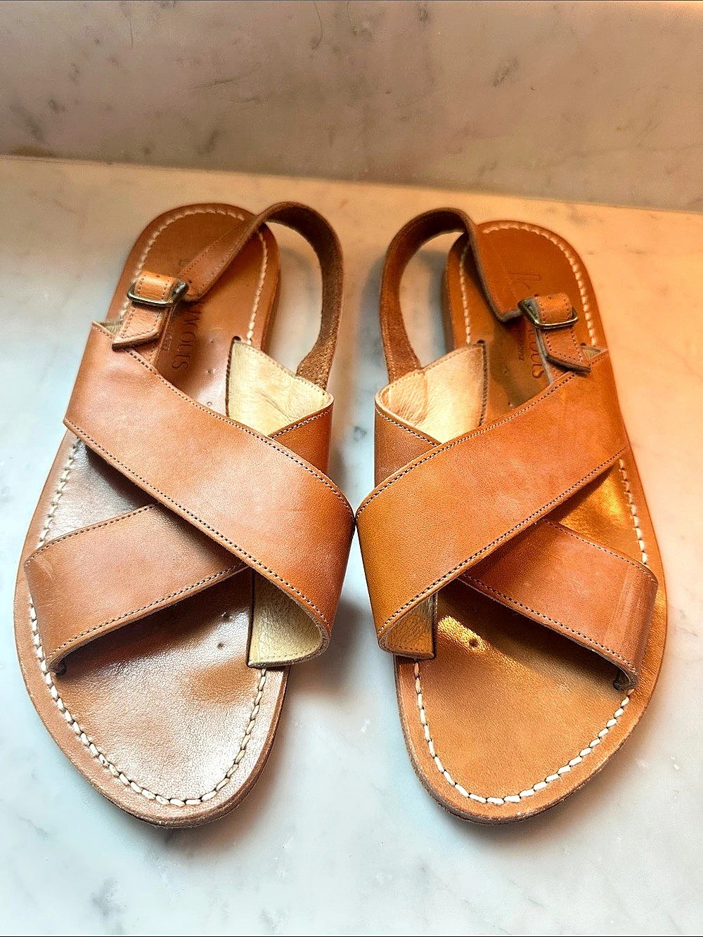 K Jacques Leather-Cross Sandals in Tan EU 40